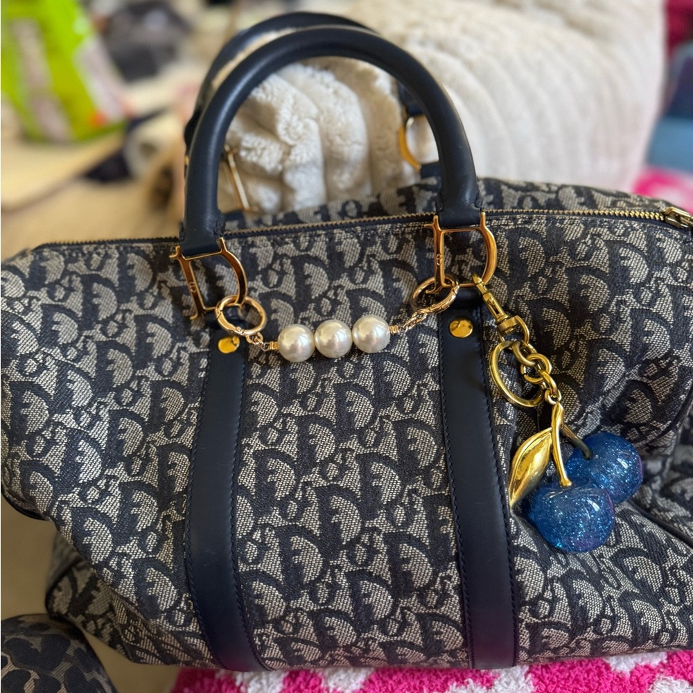 Christian Dior Boston Diorissimo Bag Blue Canvas Gold Embellishments.